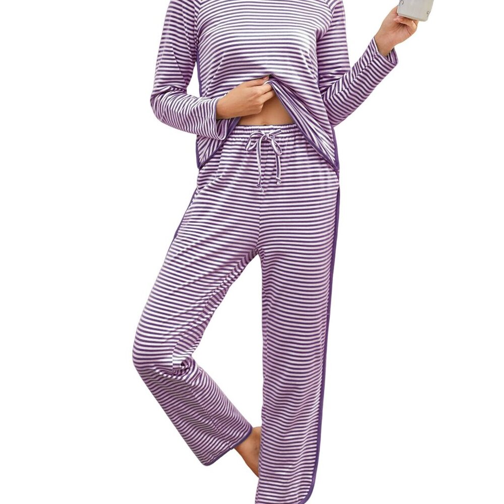 Cotton Spandex Pajama Set Classic Striped Lounge Sleepwear Comfy